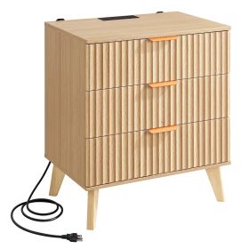 Fluted Nightstand with Charging Station, with 3 Drawers, Dresser for Bedroom, Mid Century Modern End Table