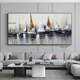Handmade Hand Painted Wall Art On Canvas Abstract Horizontal Abstract Ocean Sailboat Landscape Modern Home Living Room hallway bedroom luxurious (size: 60X120cm)