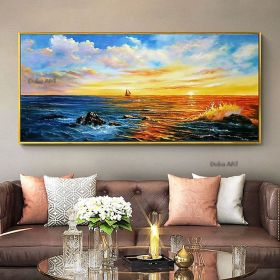 Handmade Hand Painted Wall Art On Canvas Horizontal Panoramic Abstract Modern Landscape Nightfall Sea Sky Home Living Room hallway bedroom luxuri (size: 70x140cm)