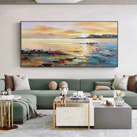 Hand Oil Painting Canvas Wall Art Decoration Abstract Seascape Painting Colorful Seaside Sunset for Home Living Room hallway bedroom luxurious de (size: 60X120cm)