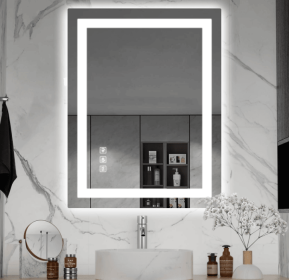 LED wall mirror with three-color temperature (RGB) and smart touch button control, featuring dimmable, anti-fog (S1R5070UL20"x28": S1R5070UL24"x28")