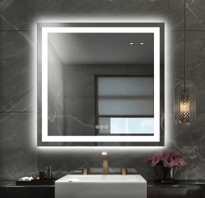 LED wall mirror with three-color temperature (RGB) and smart touch button control, featuring dimmable, anti-fog (S1R5070UL20"x28": S1R5070UL28"x36")